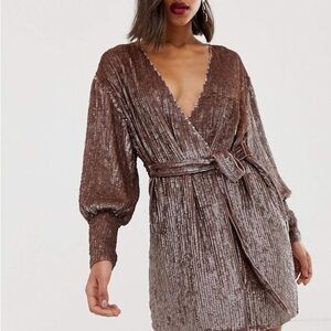 ASOS Brown Sequin Wrap Dress